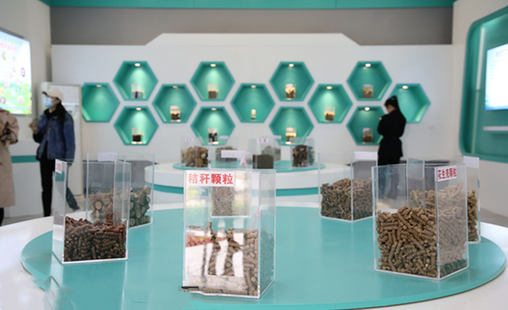 陽信縣利民公司展廳內展示的蜜桃AV在线网址生物質顆粒燃料